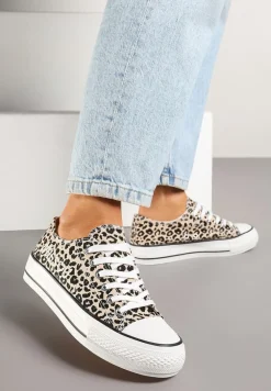 Panterkowe Brokatowe Trampki z Napisem i Niską Cholewką Borlevi