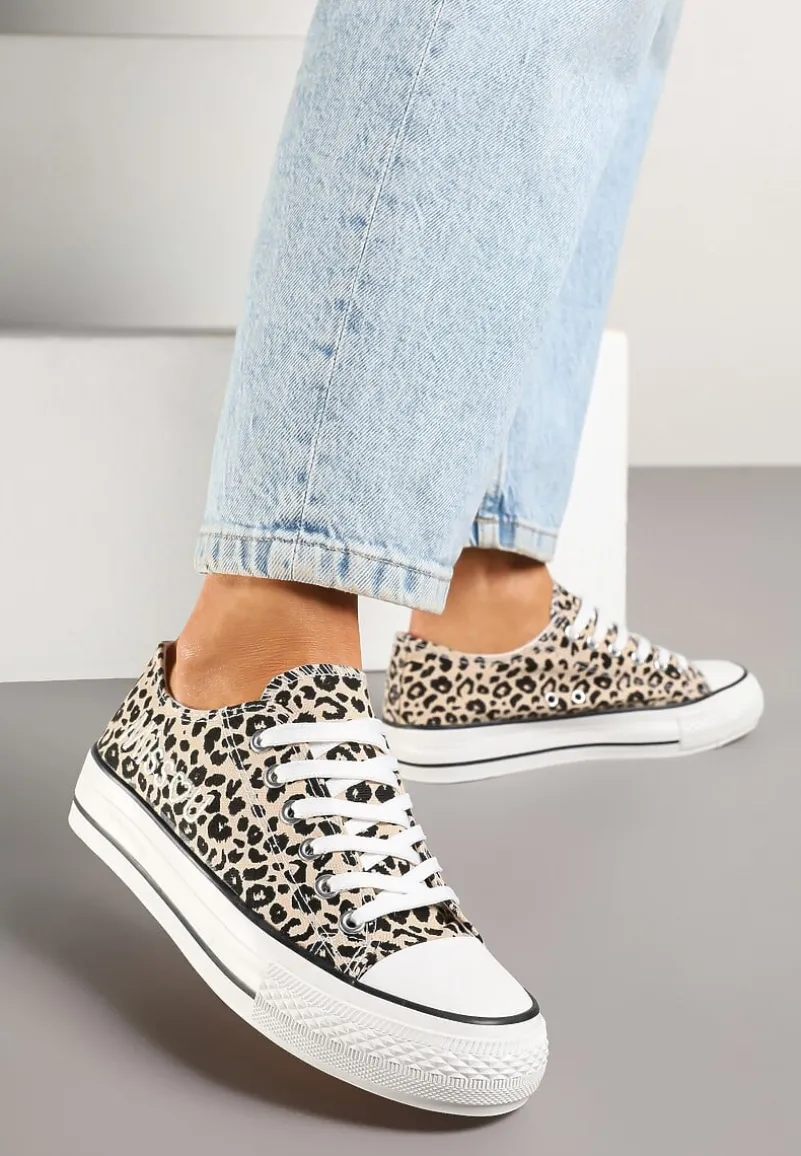 Panterkowe Brokatowe Trampki z Napisem i Niską Cholewką Borlevi