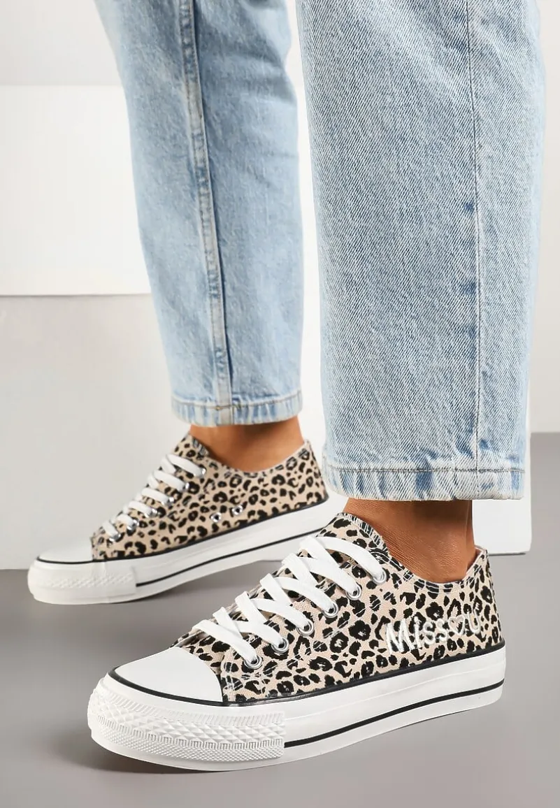 Panterkowe Brokatowe Trampki z Napisem i Niską Cholewką Borlevi