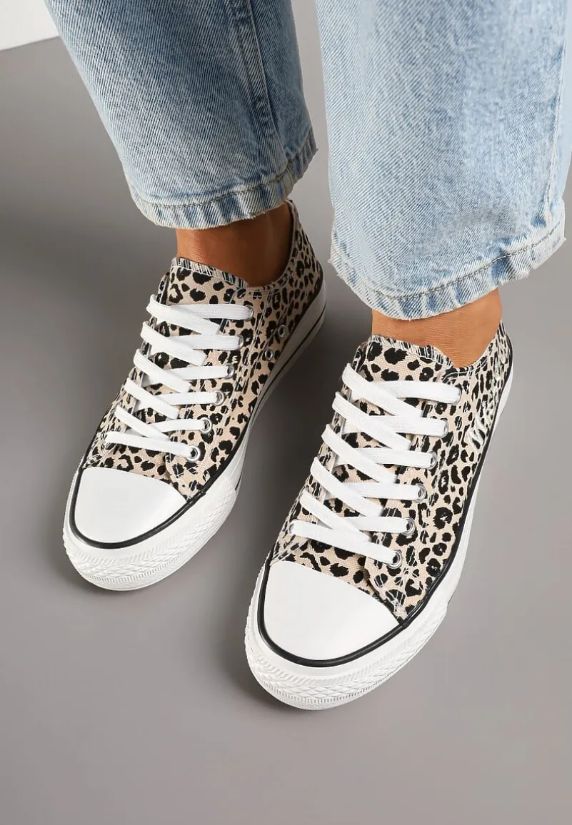 Panterkowe Brokatowe Trampki z Napisem i Niską Cholewką Borlevi