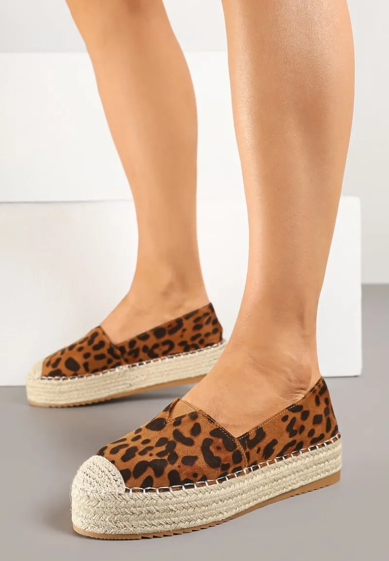 Panterkowe Espadryle z Imitacji Zamszu na Platformie z Jutowej Plecionki Mirrona