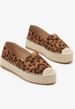 Panterkowe Espadryle z Imitacji Zamszu na Platformie z Jutowej Plecionki Mirrona
