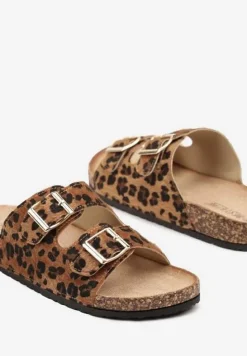 Panterkowe Klapki na Podeszwie z Imitacji Korka Zdobione Sprzączkami Virlevia