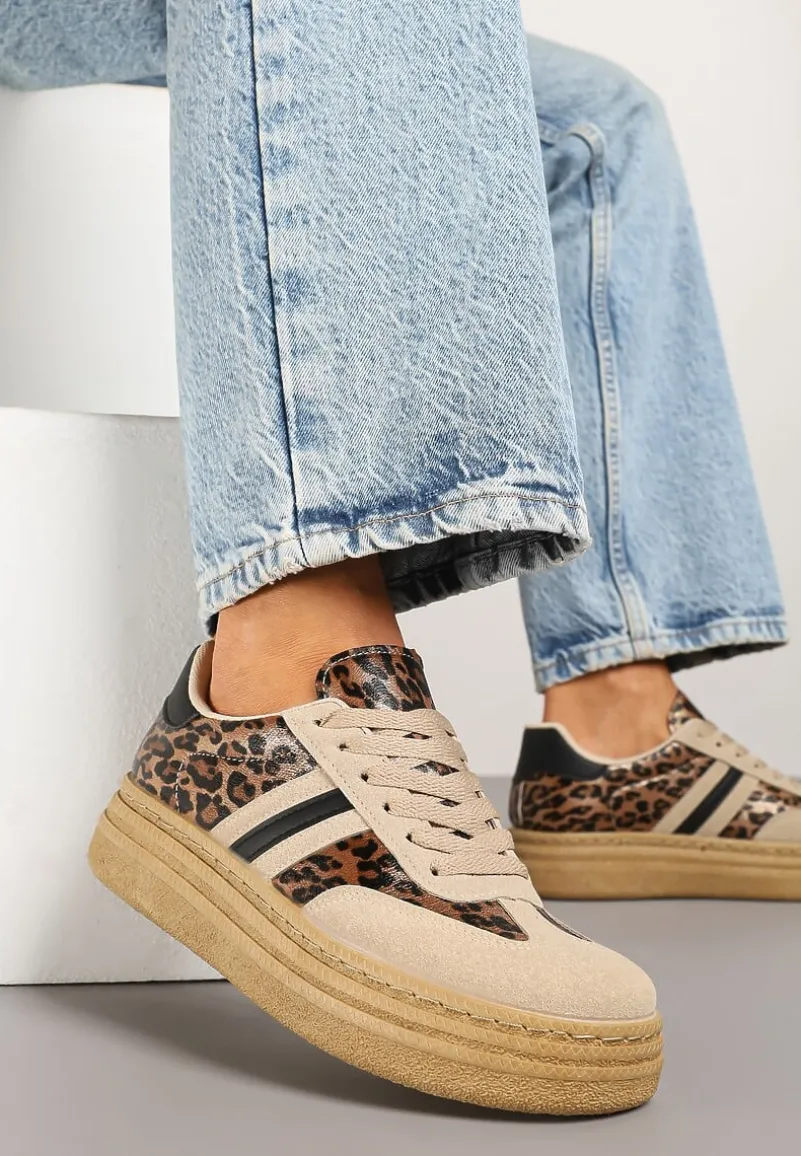 Panterkowe Sneakersy Kultowe Tenisówki na Grubej Podeszwie Ozdobione Wzorem w Panterkę Gonelis
