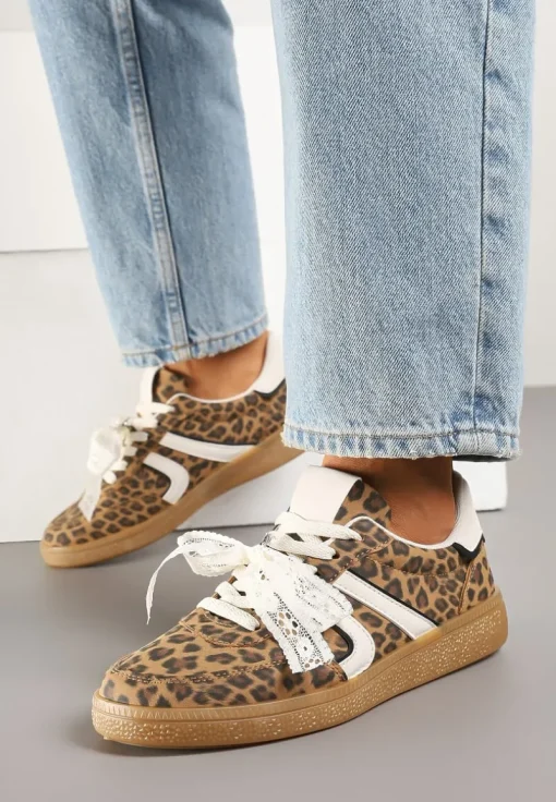 Panterkowe Sneakersy Typu Kultowe Tenisówki z Ozdobną Odpinaną Kokardą Korilinda