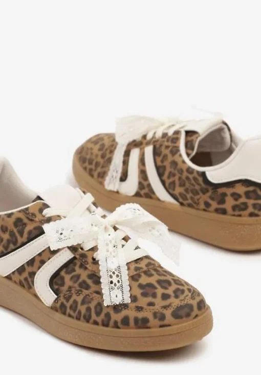 Panterkowe Sneakersy Typu Kultowe Tenisówki z Ozdobną Odpinaną Kokardą Korilinda