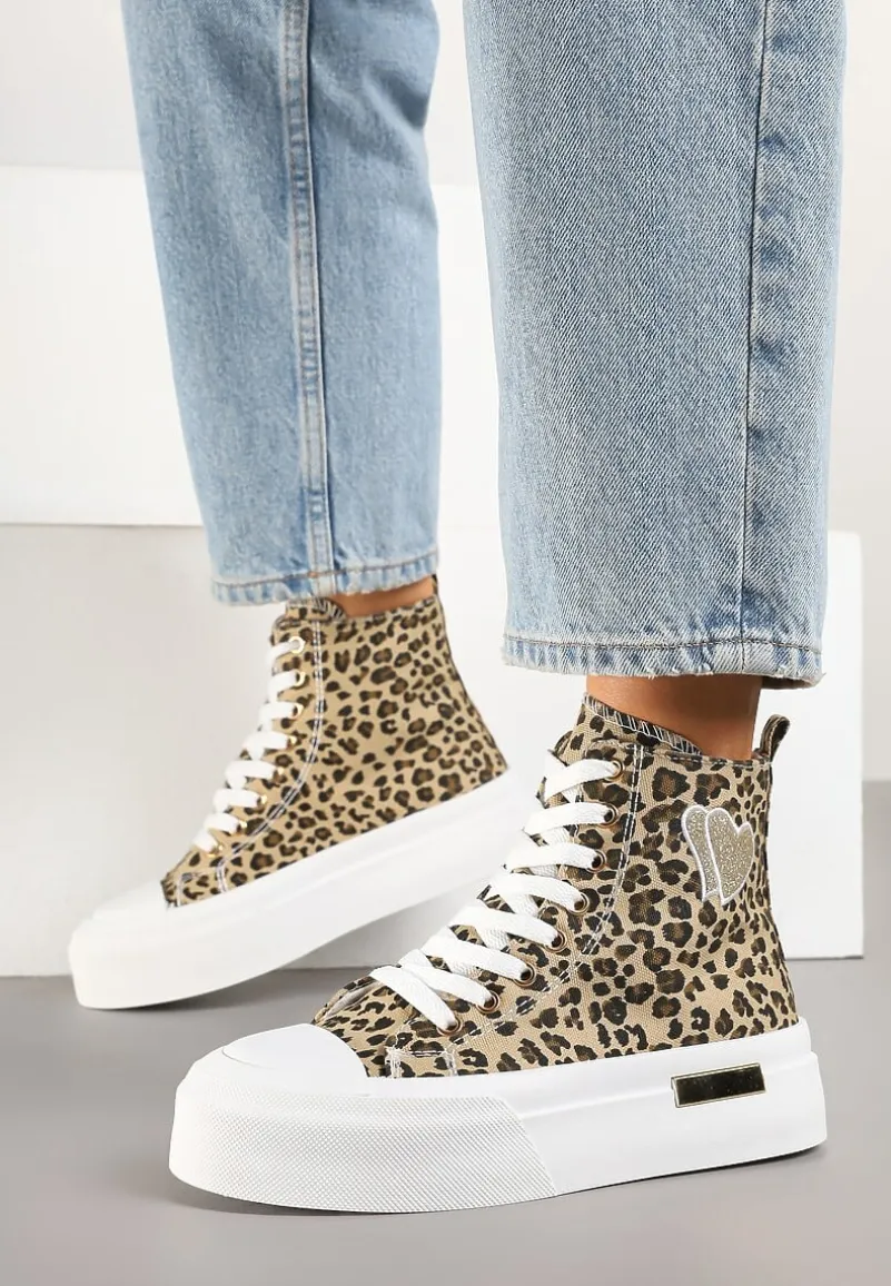 Panterkowe Trampki na Platformie z Wysoką Cholewką z Haftem z Brokatem Elanitha