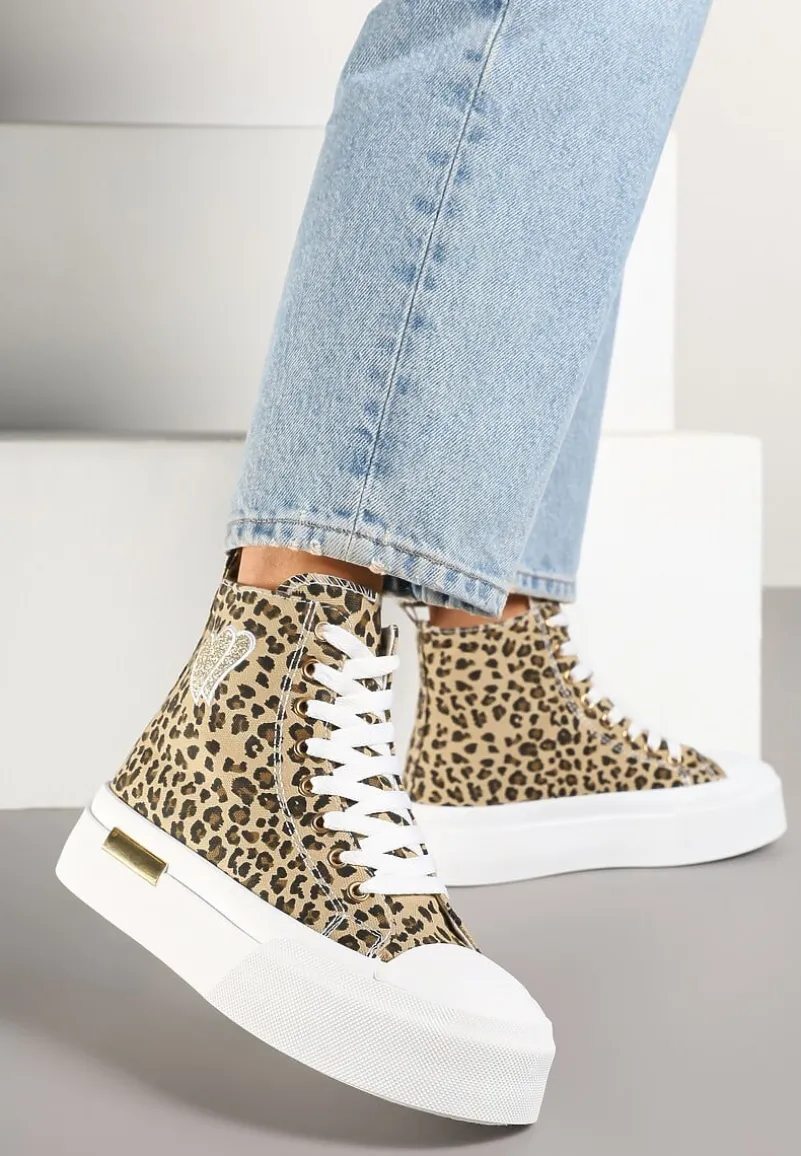 Panterkowe Trampki na Platformie z Wysoką Cholewką z Haftem z Brokatem Elanitha