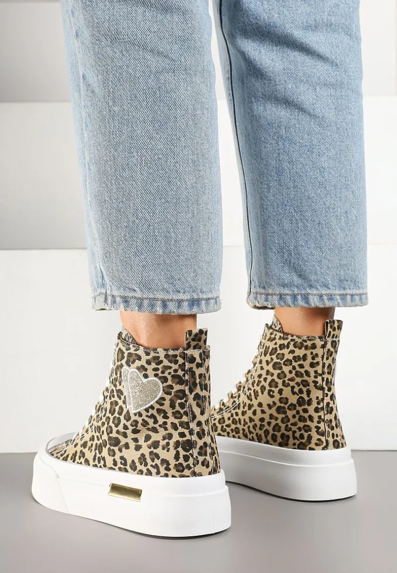 Panterkowe Trampki na Platformie z Wysoką Cholewką z Haftem z Brokatem Elanitha