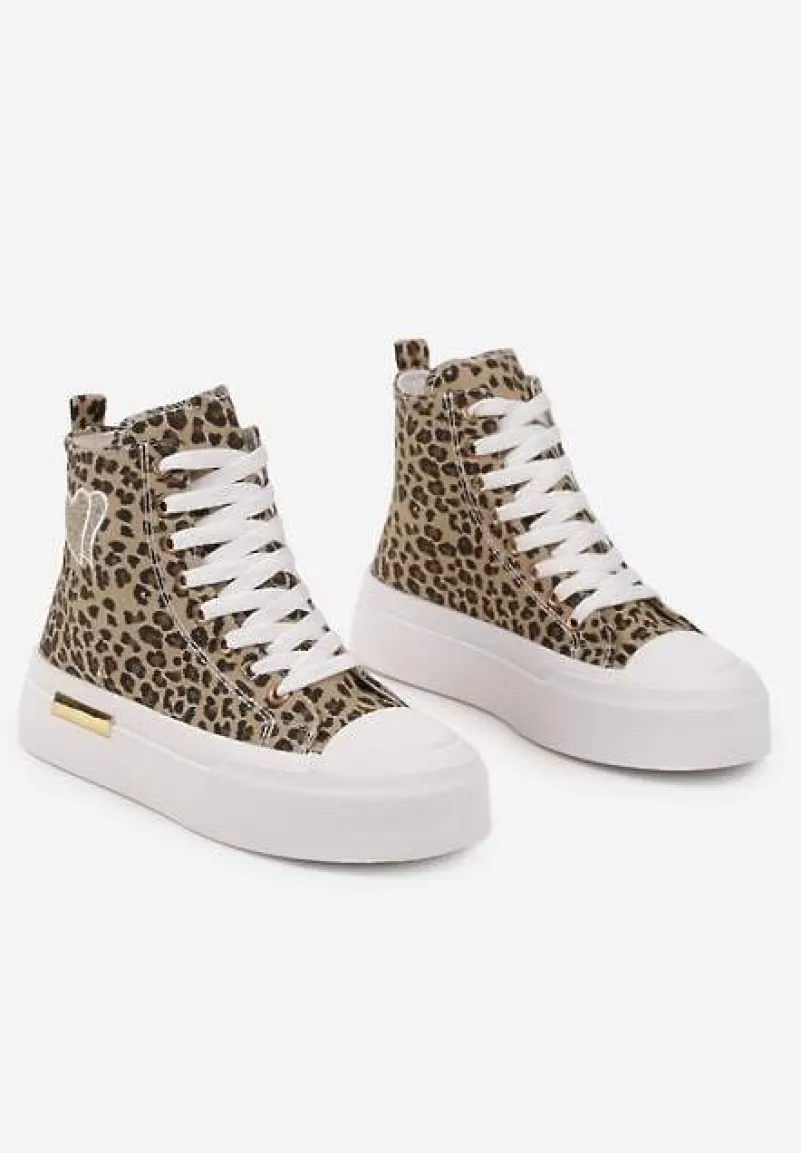 Panterkowe Trampki na Platformie z Wysoką Cholewką z Haftem z Brokatem Elanitha
