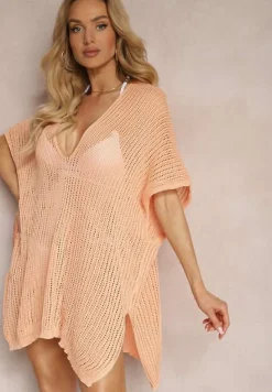 Pomarańczowa Bluzka Narzutka Oversize o Długim Kroju z Dekoltem w Serek Cota