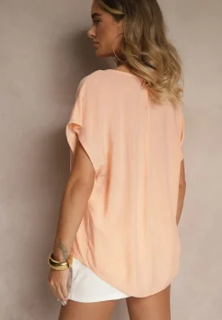 Pomarańczowa Bluzka z Wiskozy z Trójkątnym Dekoltem Tilimira