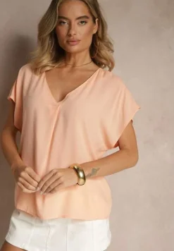 Pomarańczowa Bluzka z Wiskozy z Trójkątnym Dekoltem Tilimira