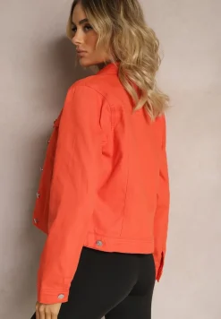 Pomarańczowa Jeansowa Kurtka z Bawełny z Guzikami i Kieszeniami Ainztia