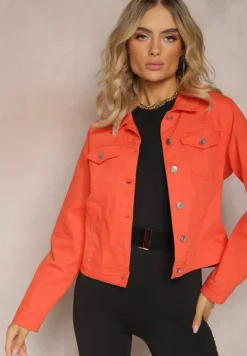 Pomarańczowa Jeansowa Kurtka z Bawełny z Guzikami i Kieszeniami Ainztia