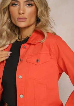 Pomarańczowa Jeansowa Kurtka z Bawełny z Guzikami i Kieszeniami Ainztia