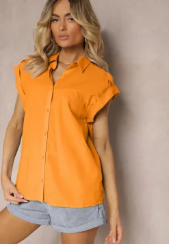 Pomarańczowa Koszula Top z Bawełny bez Rękawów o Luźniejszym Kroju z Guzikami Yanestra