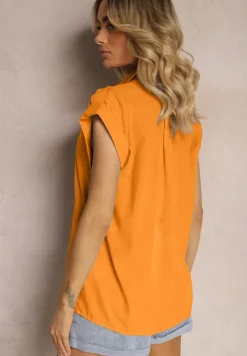 Pomarańczowa Koszula Top z Bawełny bez Rękawów o Luźniejszym Kroju z Guzikami Yanestra