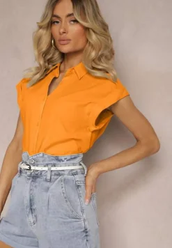 Pomarańczowa Koszula Top z Bawełny bez Rękawów o Luźniejszym Kroju z Guzikami Yanestra