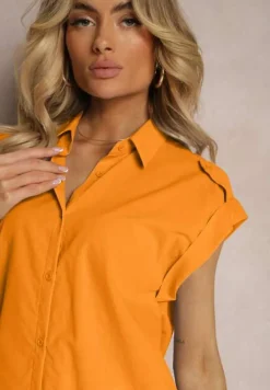 Pomarańczowa Koszula Top z Bawełny bez Rękawów o Luźniejszym Kroju z Guzikami Yanestra