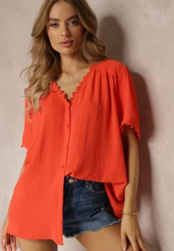 Pomarańczowa Koszula Zapinana na Guziki z Ozdobną Koronką Willona
