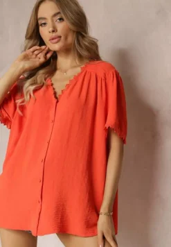 Pomarańczowa Koszula Zapinana na Guziki z Ozdobną Koronką Willona