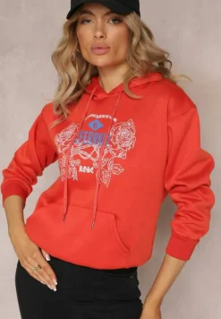 Pomarańczowa Modna Bluza z Nadrukiem i Kapturem Ozdobiona Nadrukiem Arinalu