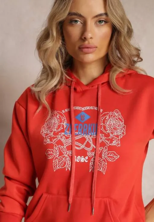 Pomarańczowa Modna Bluza z Nadrukiem i Kapturem Ozdobiona Nadrukiem Arinalu