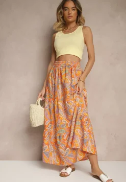 Pomarańczowa Spódnica Rozkloszowana High Waist z Motywem Paisley Nevolissa