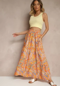 Pomarańczowa Spódnica Rozkloszowana High Waist z Motywem Paisley Nevolissa