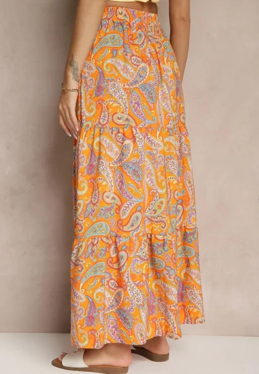 Pomarańczowa Spódnica Rozkloszowana High Waist z Motywem Paisley Nevolissa