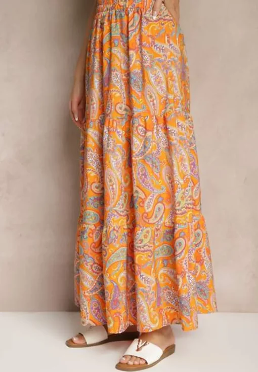 Pomarańczowa Spódnica Rozkloszowana High Waist z Motywem Paisley Nevolissa