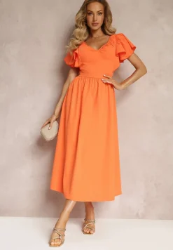 Pomarańczowa Taliowana Sukienka Maxi z Falbanami Giftis