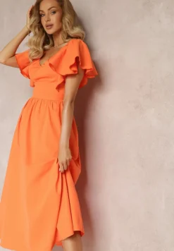 Pomarańczowa Taliowana Sukienka Maxi z Falbanami Giftis