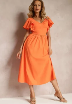 Pomarańczowa Taliowana Sukienka Maxi z Falbanami Giftis