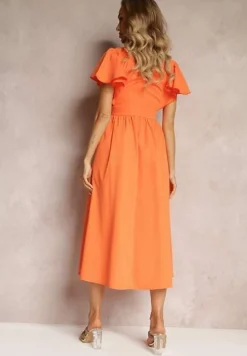 Pomarańczowa Taliowana Sukienka Maxi z Falbanami Giftis
