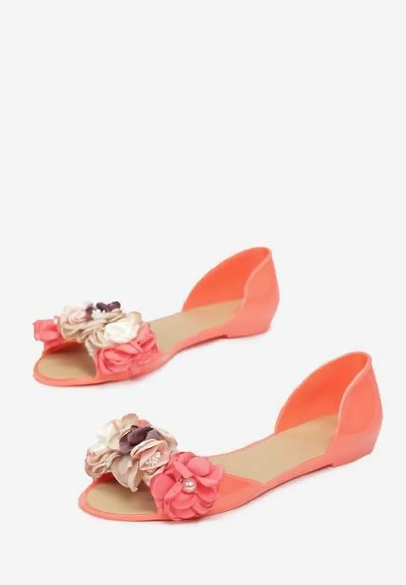 Pomarańczowe Balerinki Meliski Peep Toe z Kwiatową Aplikacją Idaliina