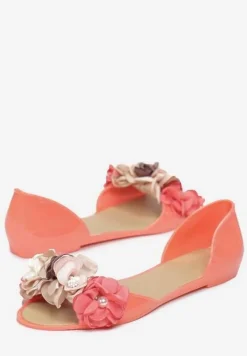 Pomarańczowe Balerinki Meliski Peep Toe z Kwiatową Aplikacją Idaliina