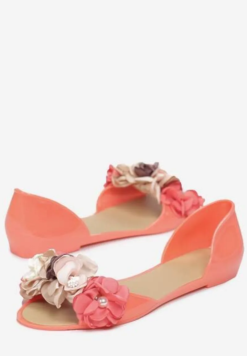 Pomarańczowe Balerinki Meliski Peep Toe z Kwiatową Aplikacją Idaliina