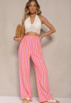 Pomarańczowe Bawełniane Muślinowe Spodnie Szerokie High Waist w Paski Mavirise