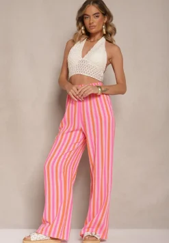 Pomarańczowe Bawełniane Muślinowe Spodnie Szerokie High Waist w Paski Mavirise