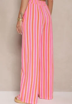 Pomarańczowe Bawełniane Muślinowe Spodnie Szerokie High Waist w Paski Mavirise