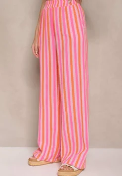 Pomarańczowe Bawełniane Muślinowe Spodnie Szerokie High Waist w Paski Mavirise
