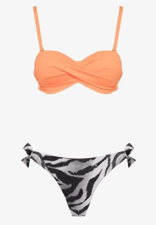 Pomarańczowe Bikini 2 Pary Majtek Typu Figi i Biustonosz Wiązany na Plecach Galanoria