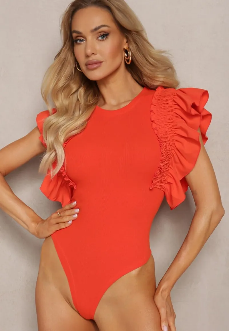 Pomarańczowe Eleganckie Body z Bawełny z Zapięciem na Napy Wykończone Falbankami Iilines