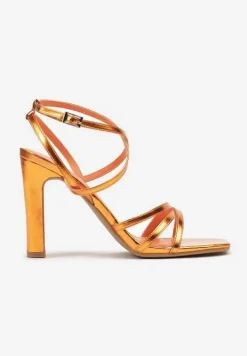 Pomarańczowe Eleganckie Sandały na Słupku z Brokatem i Ozdobnymi Paskami Vimanele