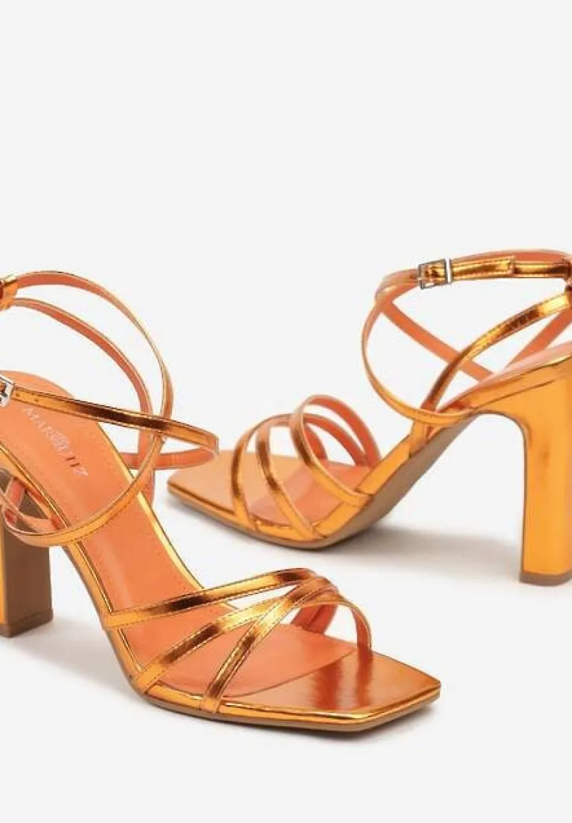 Pomarańczowe Eleganckie Sandały na Słupku z Brokatem i Ozdobnymi Paskami Vimanele