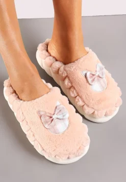 Pomarańczowe Futrzane Kapcie na Platformie z Kokardką Oivio