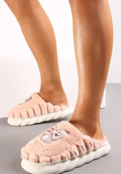 Pomarańczowe Futrzane Kapcie na Platformie z Kokardką Oivio