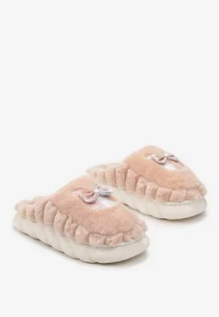 Pomarańczowe Futrzane Kapcie na Platformie z Kokardką Oivio